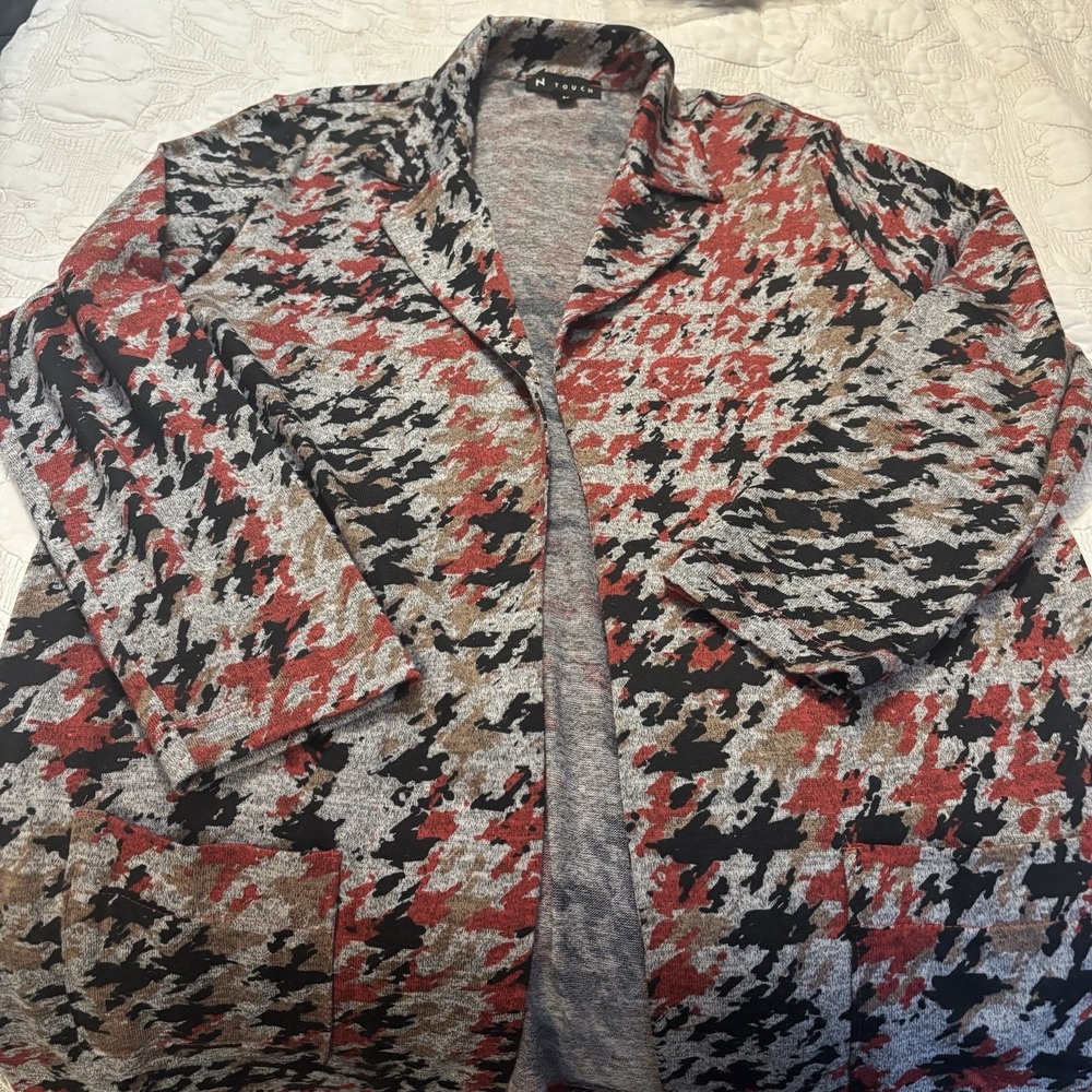 N Touch Women's Medium Jacket/Cardigan Tan Orange Black With Pockets Long Sleeve